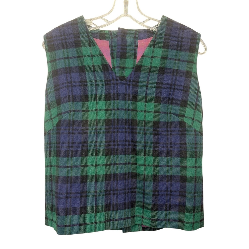 Vintage Wool Plaid V-Neck Shell Top Green Blue Black Watch Button Back Lined